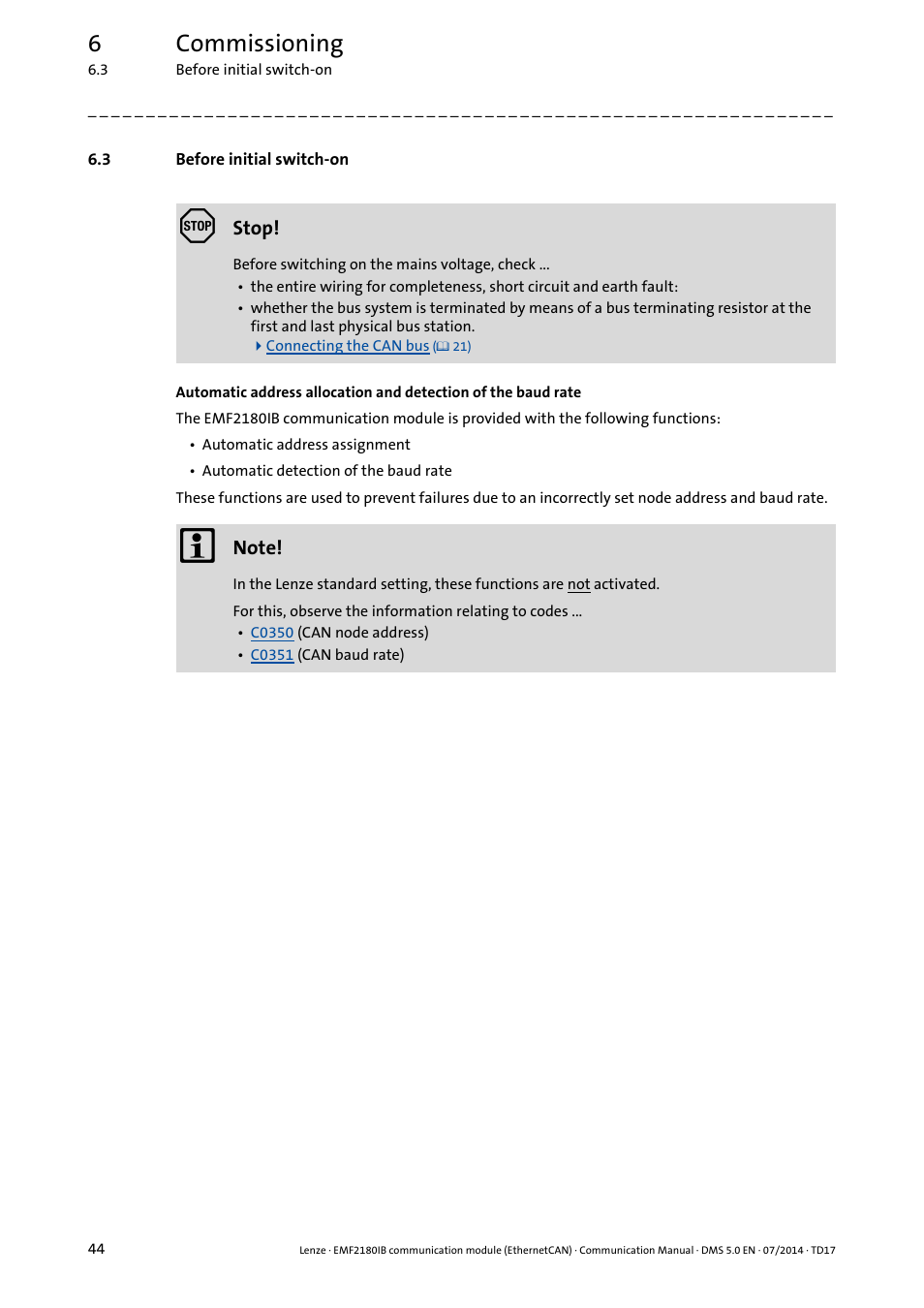 3 before initial switch-on, Before initial switch-on, 6commissioning | Lenze EMF2180IB User Manual | Page 44 / 71