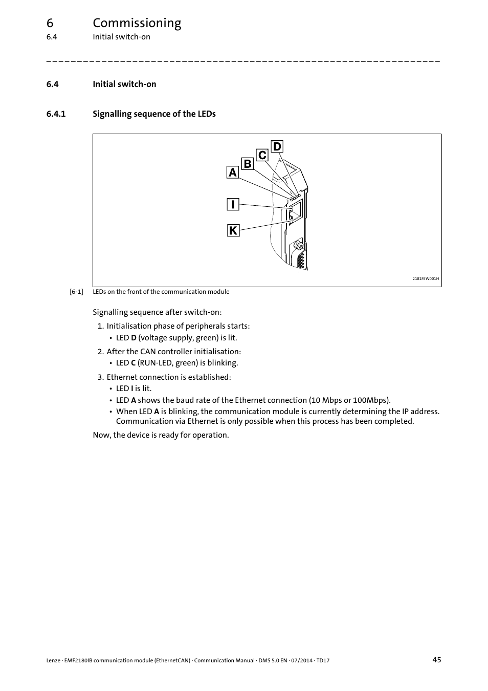 4 initial switch-on, 1 signalling sequence of the leds, Initial switch-on | Signalling sequence of the leds, 6commissioning | Lenze EMF2180IB User Manual | Page 45 / 71