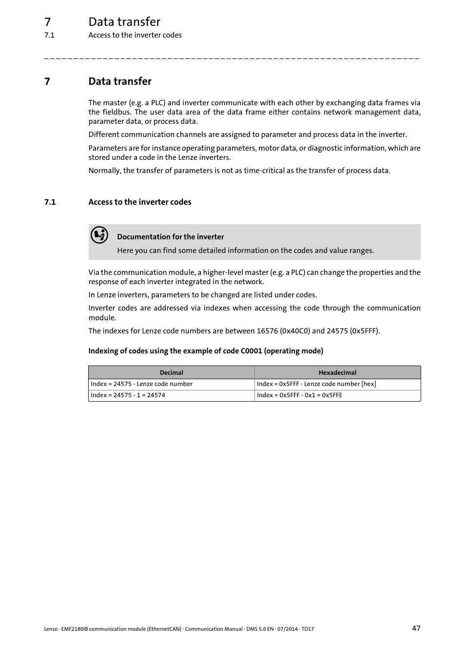 7 data transfer, 1 access to the inverter codes, Data transfer | Access to the inverter codes, 7data transfer | Lenze EMF2180IB User Manual | Page 47 / 71