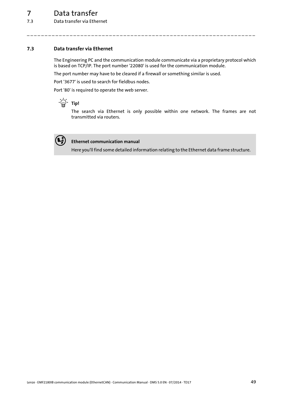 3 data transfer via ethernet, Data transfer via ethernet, 7data transfer | Lenze EMF2180IB User Manual | Page 49 / 71