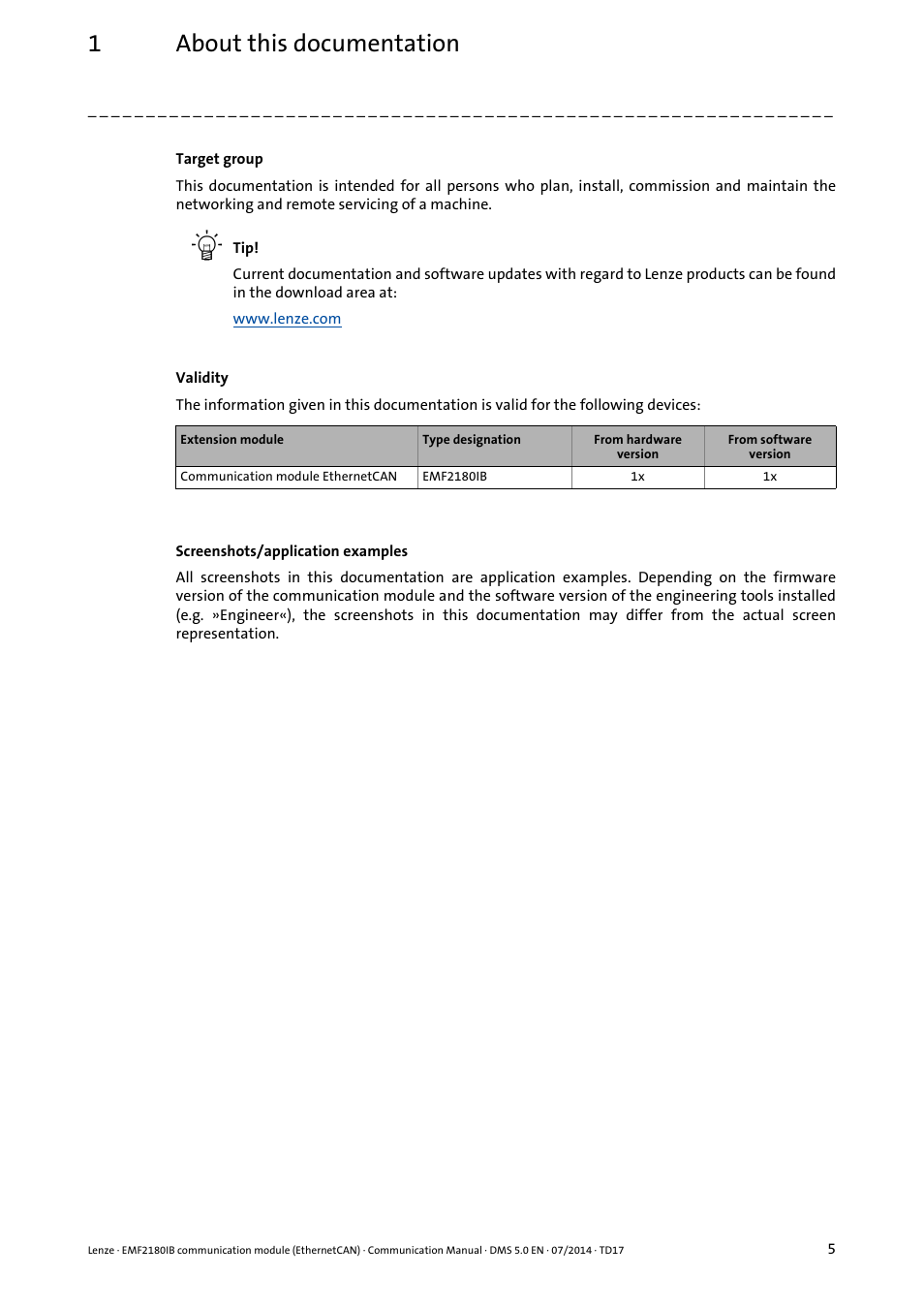 1about this documentation | Lenze EMF2180IB User Manual | Page 5 / 71