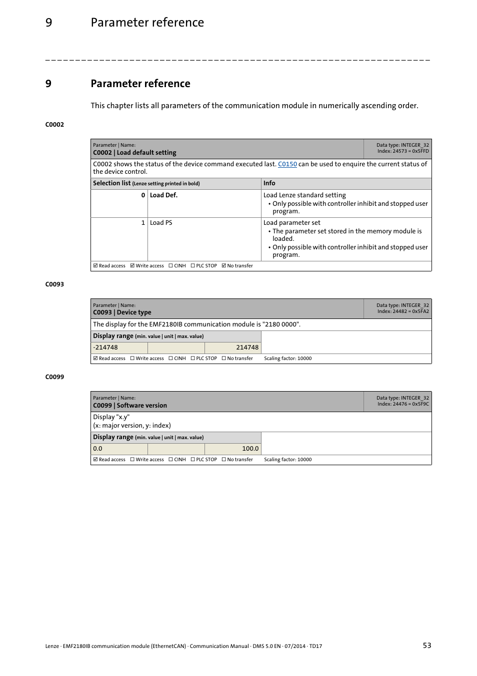 9 parameter reference, Parameter reference, 9parameter reference | Lenze EMF2180IB User Manual | Page 53 / 71