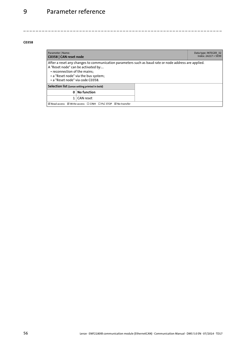 C0358, 9parameter reference | Lenze EMF2180IB User Manual | Page 56 / 71