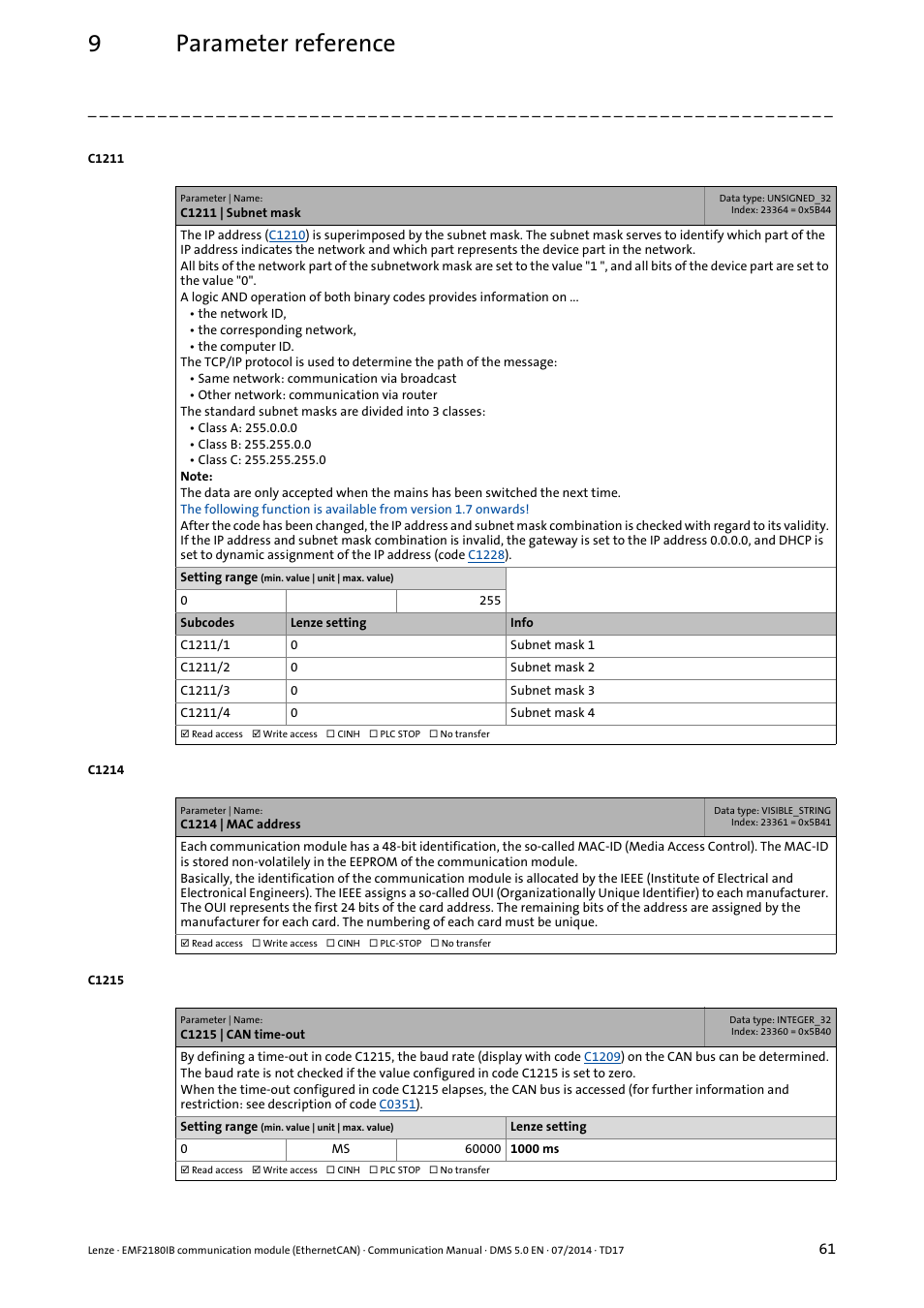 C1215, 9parameter reference | Lenze EMF2180IB User Manual | Page 61 / 71