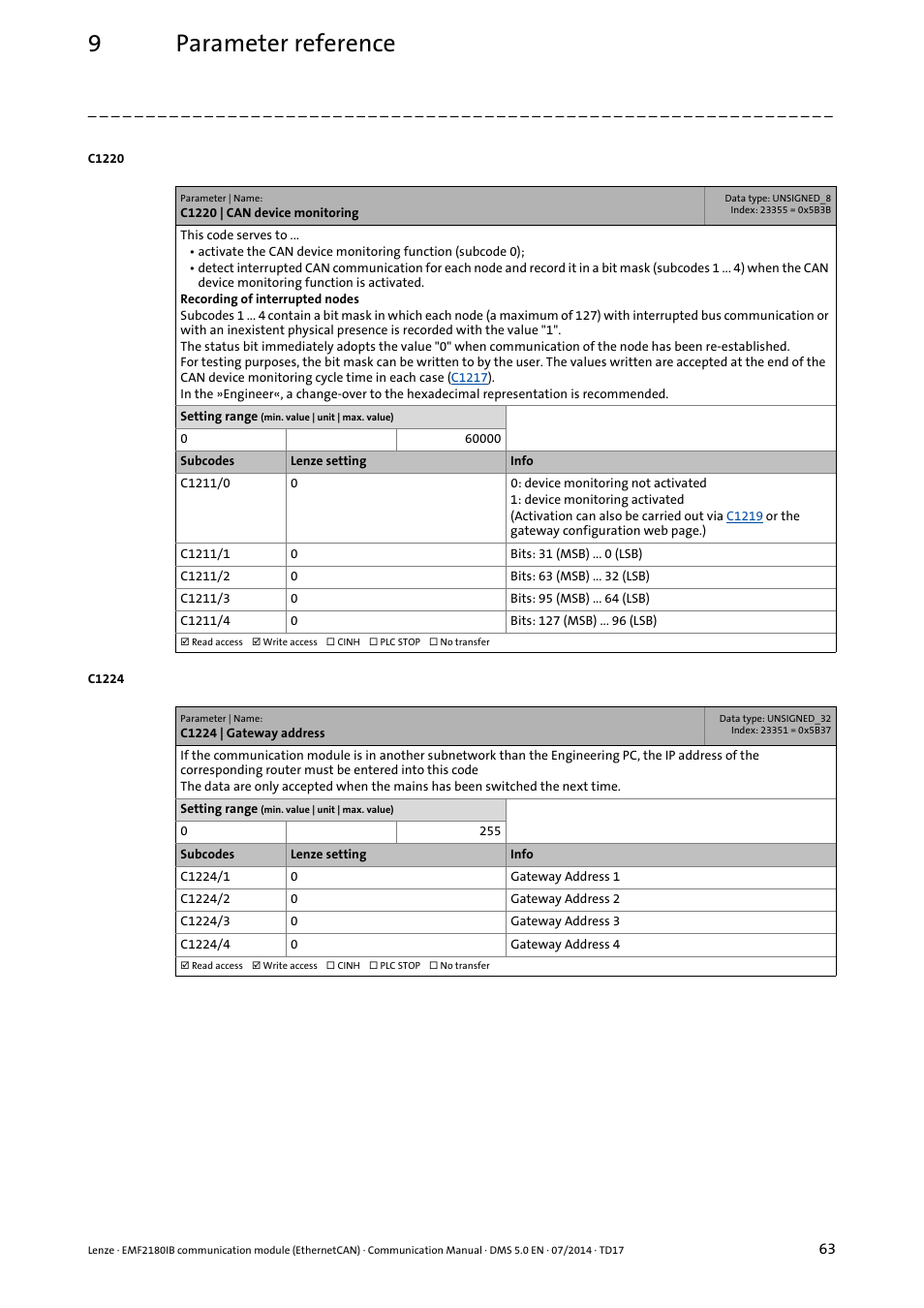 C1220, C1220/0, 9parameter reference | Lenze EMF2180IB User Manual | Page 63 / 71