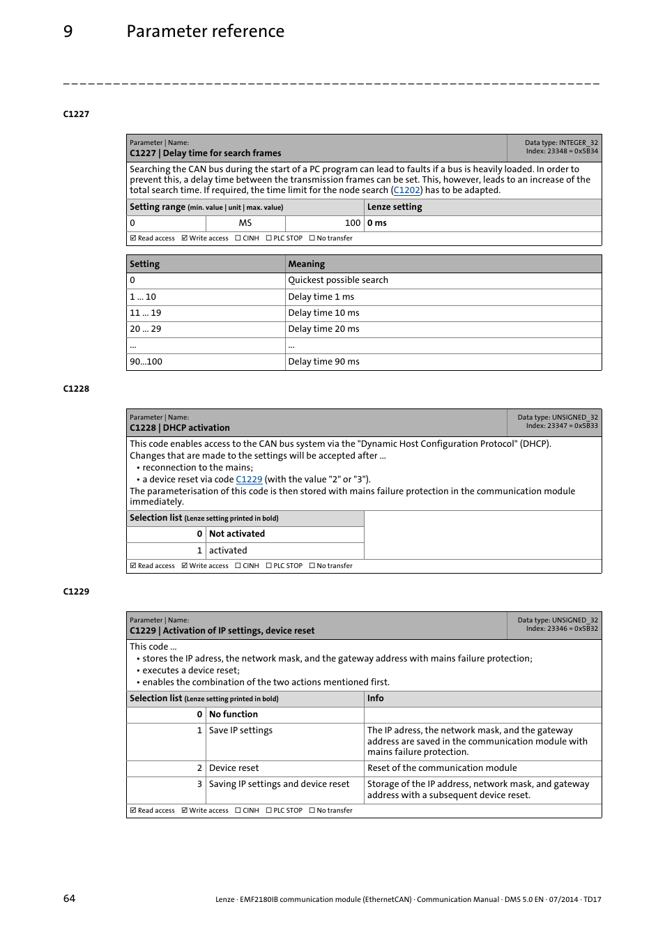 C1227, C1228, 9parameter reference | Lenze EMF2180IB User Manual | Page 64 / 71