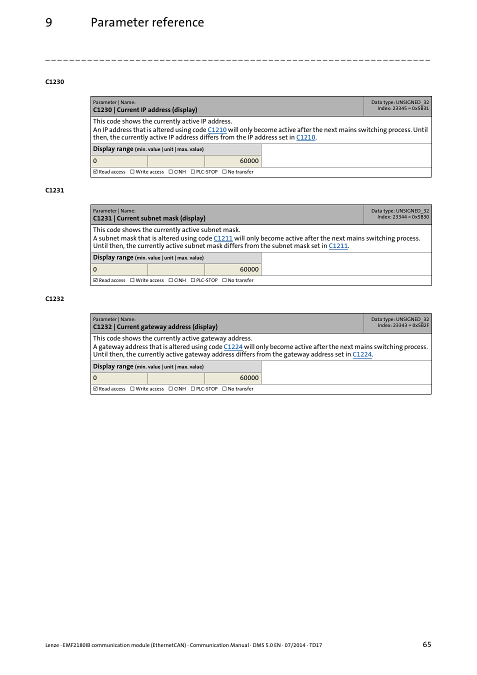 9parameter reference | Lenze EMF2180IB User Manual | Page 65 / 71