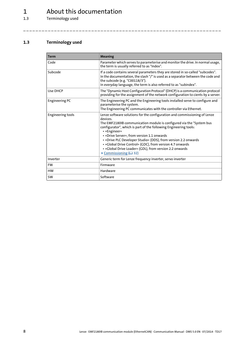 3 terminology used, Terminology used, 1about this documentation | Lenze EMF2180IB User Manual | Page 8 / 71