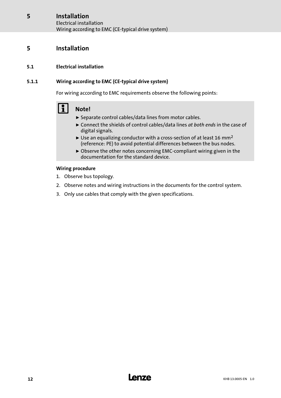 5 installation, 1 electrical installation, Installation | Electrical installation, Wiring according to emc (ce−typical drive system) | Lenze 931K User Manual | Page 12 / 43