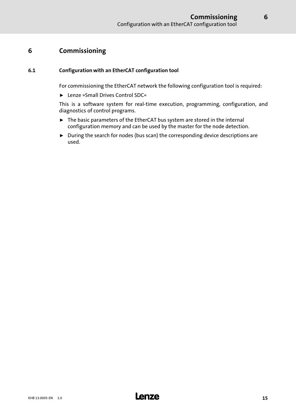 6 commissioning, Commissioning, Configuration with an ethercat configuration tool | Lenze 931K User Manual | Page 15 / 43