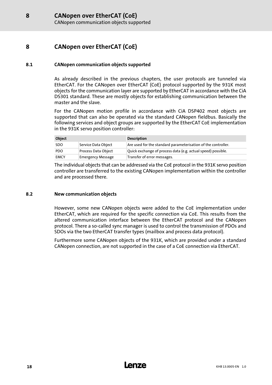 8 canopen over ethercat (coe), 1 canopen communication objects supported, 2 new communication objects | Canopen over ethercat (coe), Canopen communication objects supported, New communication objects, 8canopen over ethercat (coe) | Lenze 931K User Manual | Page 18 / 43