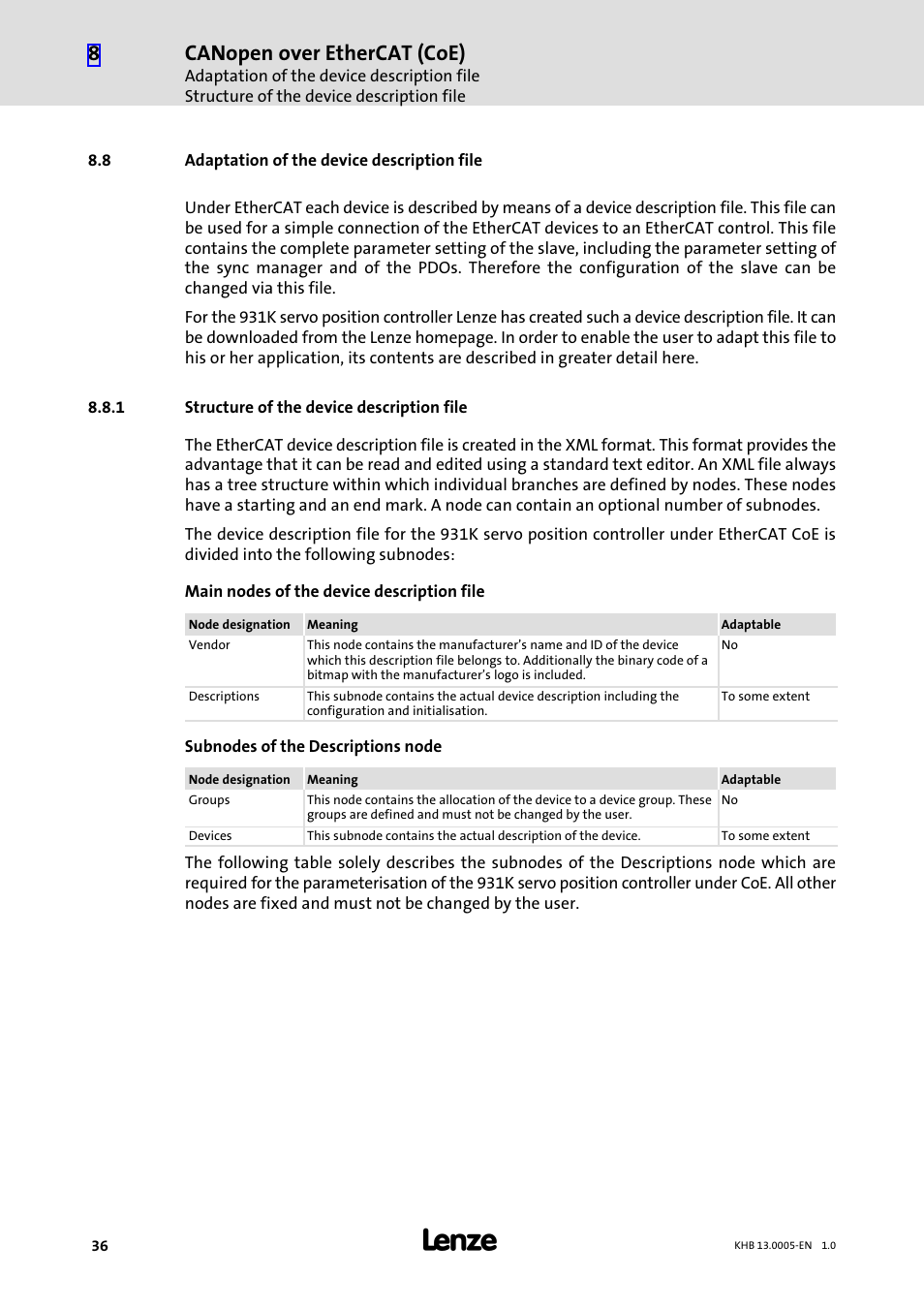 8 adaptation of the device description file, 1 structure of the device description file, Adaptation of the device description file | Structure of the device description file, Canopen over ethercat (coe) | Lenze 931K User Manual | Page 36 / 43