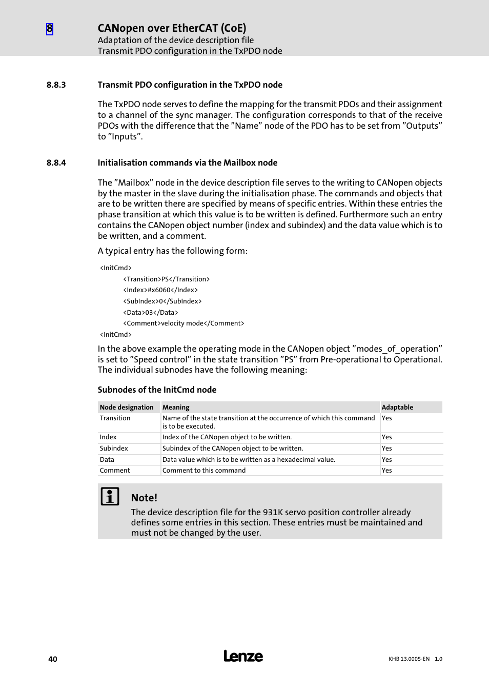 3 transmit pdo configuration in the txpdo node, 4 initialisation commands via the mailbox node, Transmit pdo configuration in the txpdo node | Initialisation commands via the mailbox node, Canopen over ethercat (coe) | Lenze 931K User Manual | Page 40 / 43