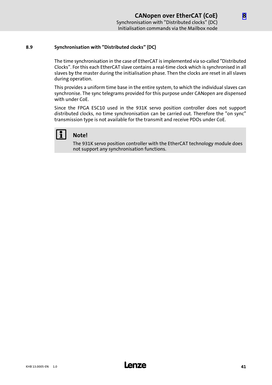 9 synchronisation with "distributed clocks" (dc), Synchronisation with "distributed clocks" (dc) | Lenze 931K User Manual | Page 41 / 43