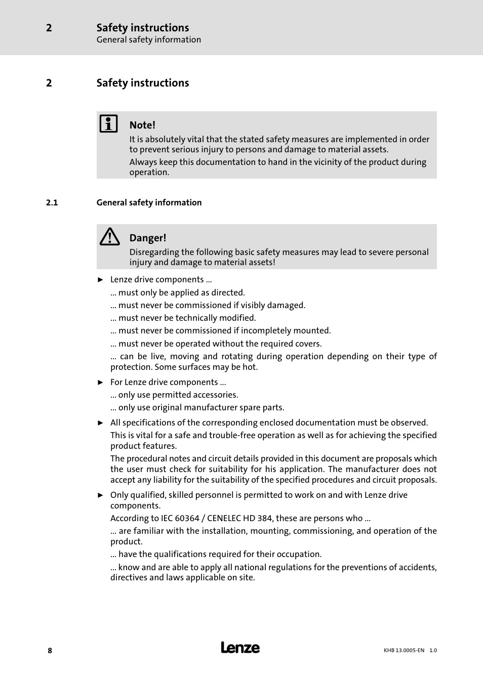 2 safety instructions, 1 general safety information, Safety instructions | General safety information | Lenze 931K User Manual | Page 8 / 43