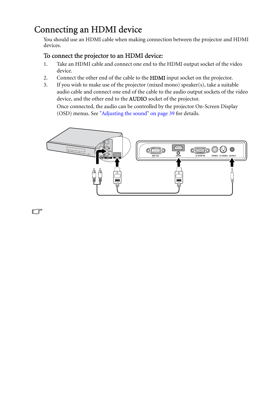 Connecting an hdmi device | BenQ MP522 ST User Manual | Page 20 / 62