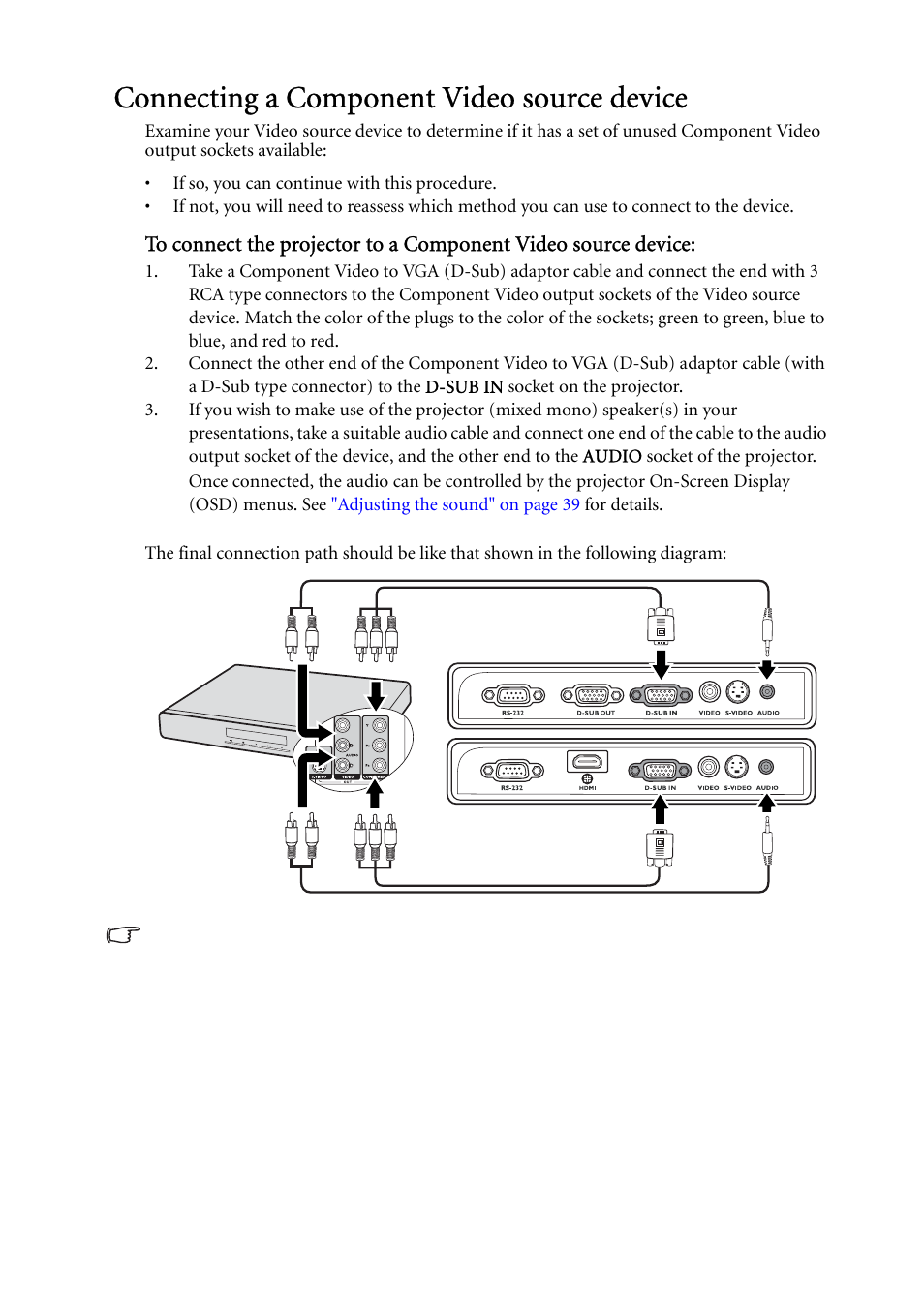 Connecting a component video source device, For h | BenQ MP522 ST User Manual | Page 21 / 62