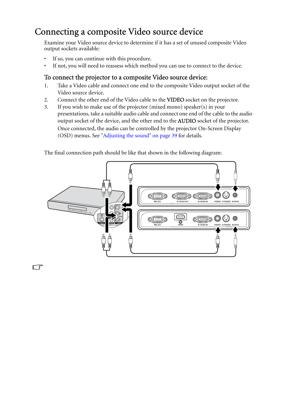 Connecting a composite video source device | BenQ MP522 ST User Manual | Page 23 / 62