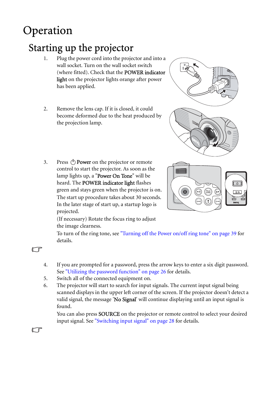 Operation, Starting up the projector, Starting up the | BenQ MP522 ST User Manual | Page 24 / 62