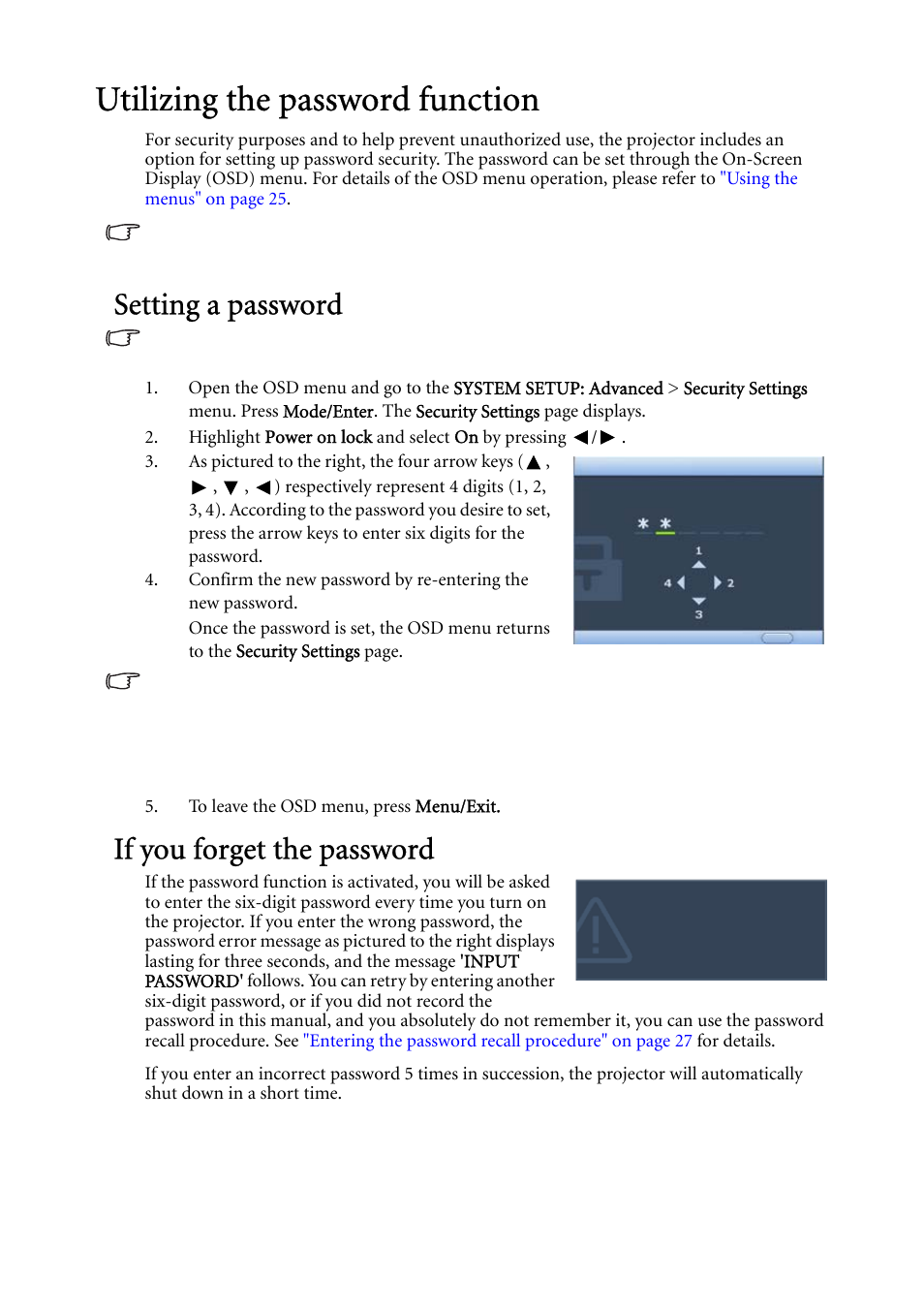 Utilizing the password function, Setting a password, If you forget the password | BenQ MP522 ST User Manual | Page 26 / 62