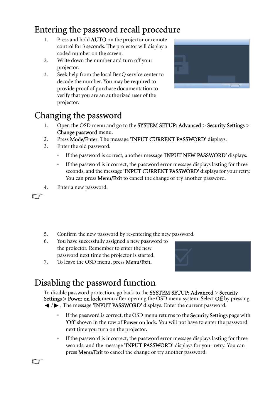 Entering the password recall procedure, Changing the password, Disabling the password function | BenQ MP522 ST User Manual | Page 27 / 62