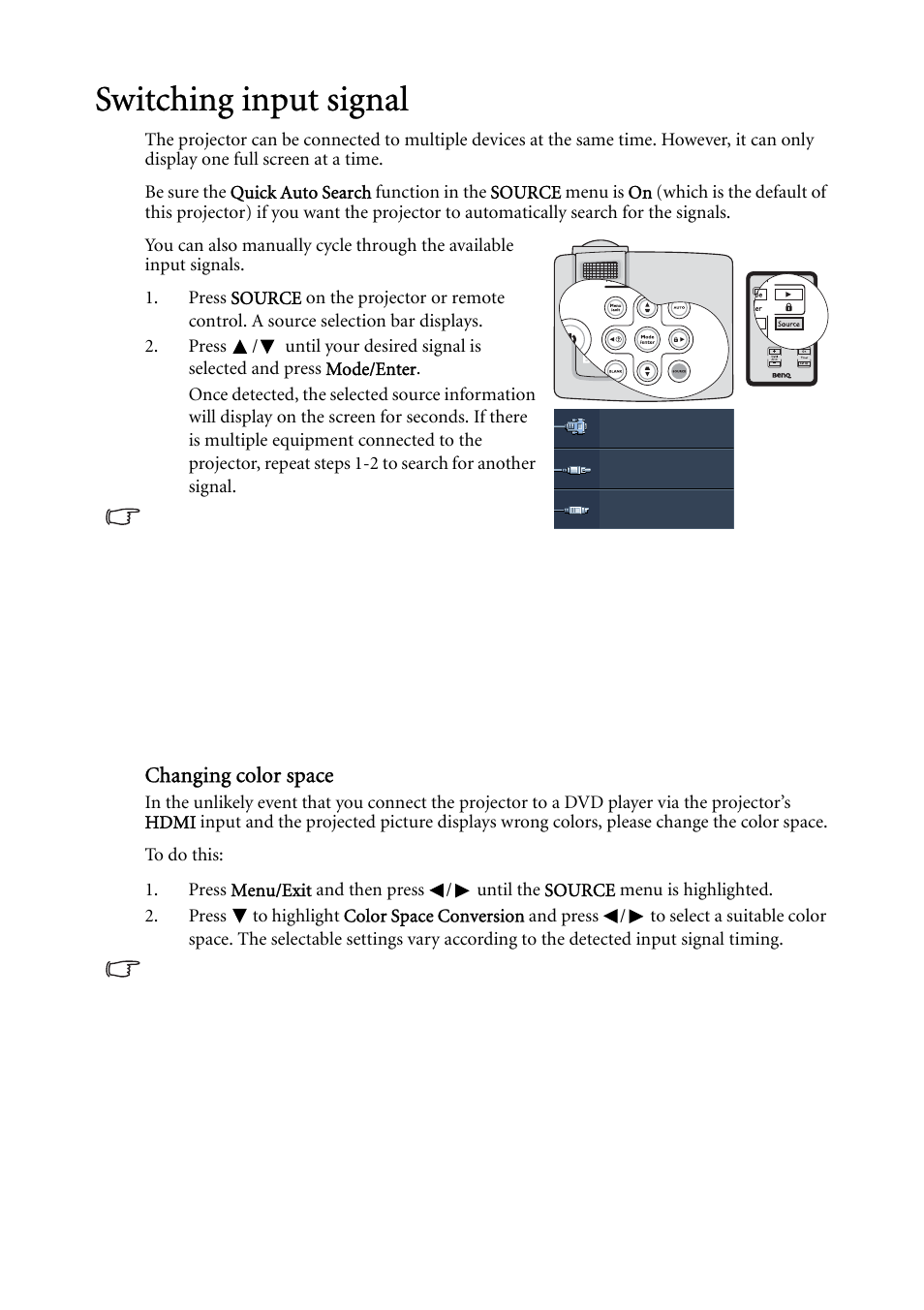 Switching input signal, Changing color space | BenQ MP522 ST User Manual | Page 28 / 62