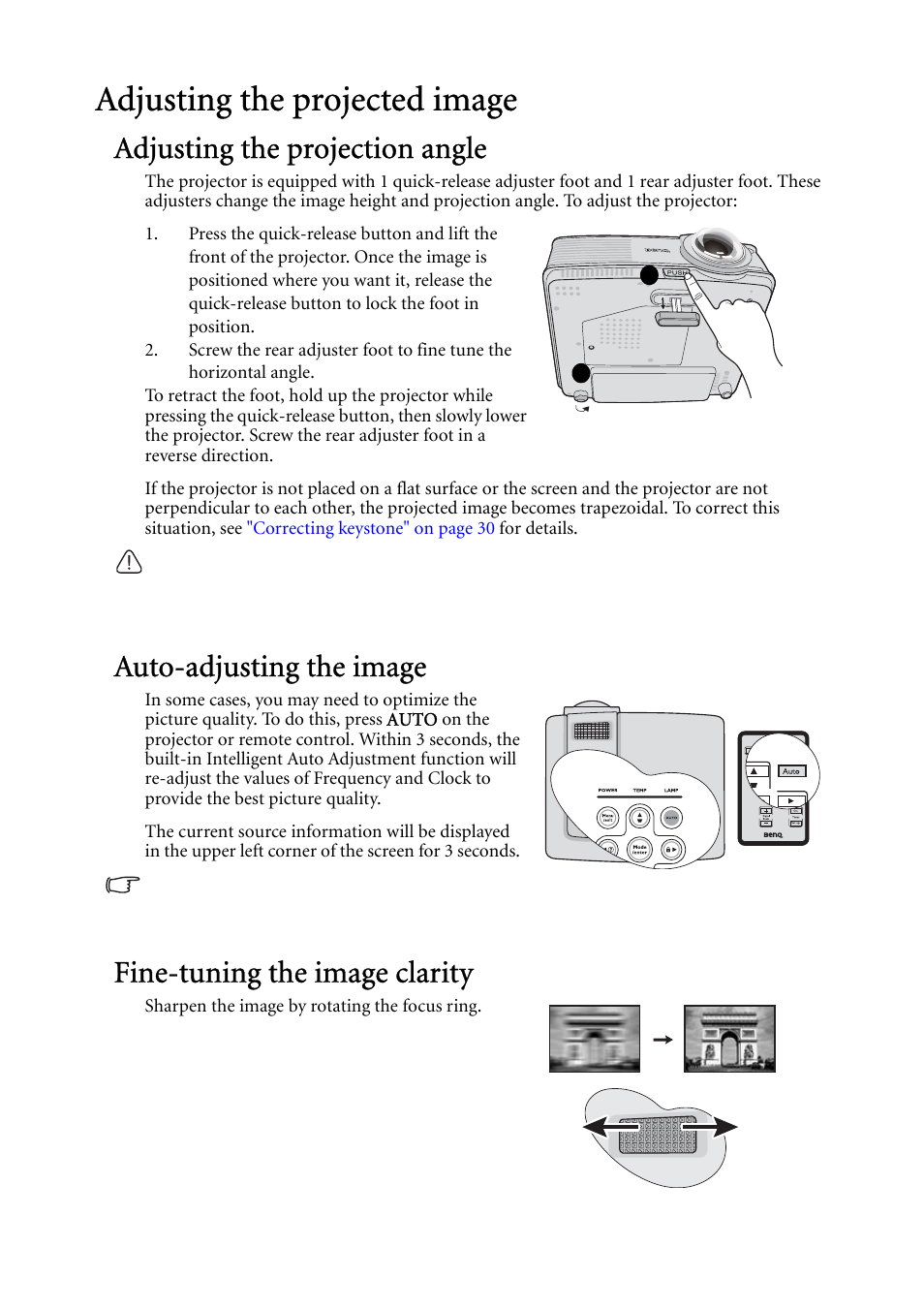 Adjusting the projected image, Adjusting the projection angle, Auto-adjusting the image | Fine-tuning the image clarity | BenQ MP522 ST User Manual | Page 29 / 62