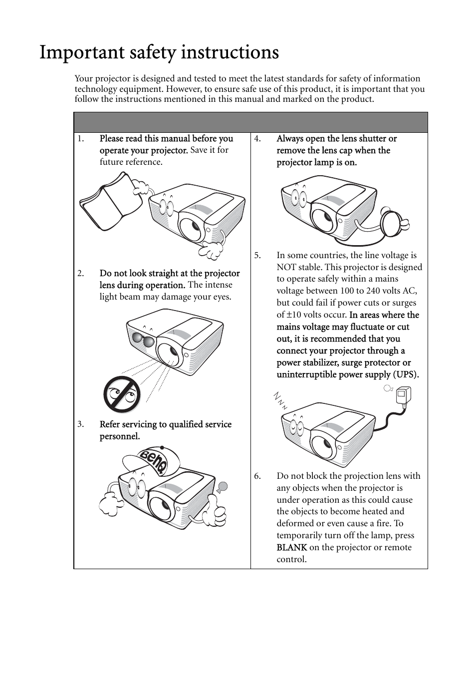 Important safety instructions | BenQ MP522 ST User Manual | Page 3 / 62