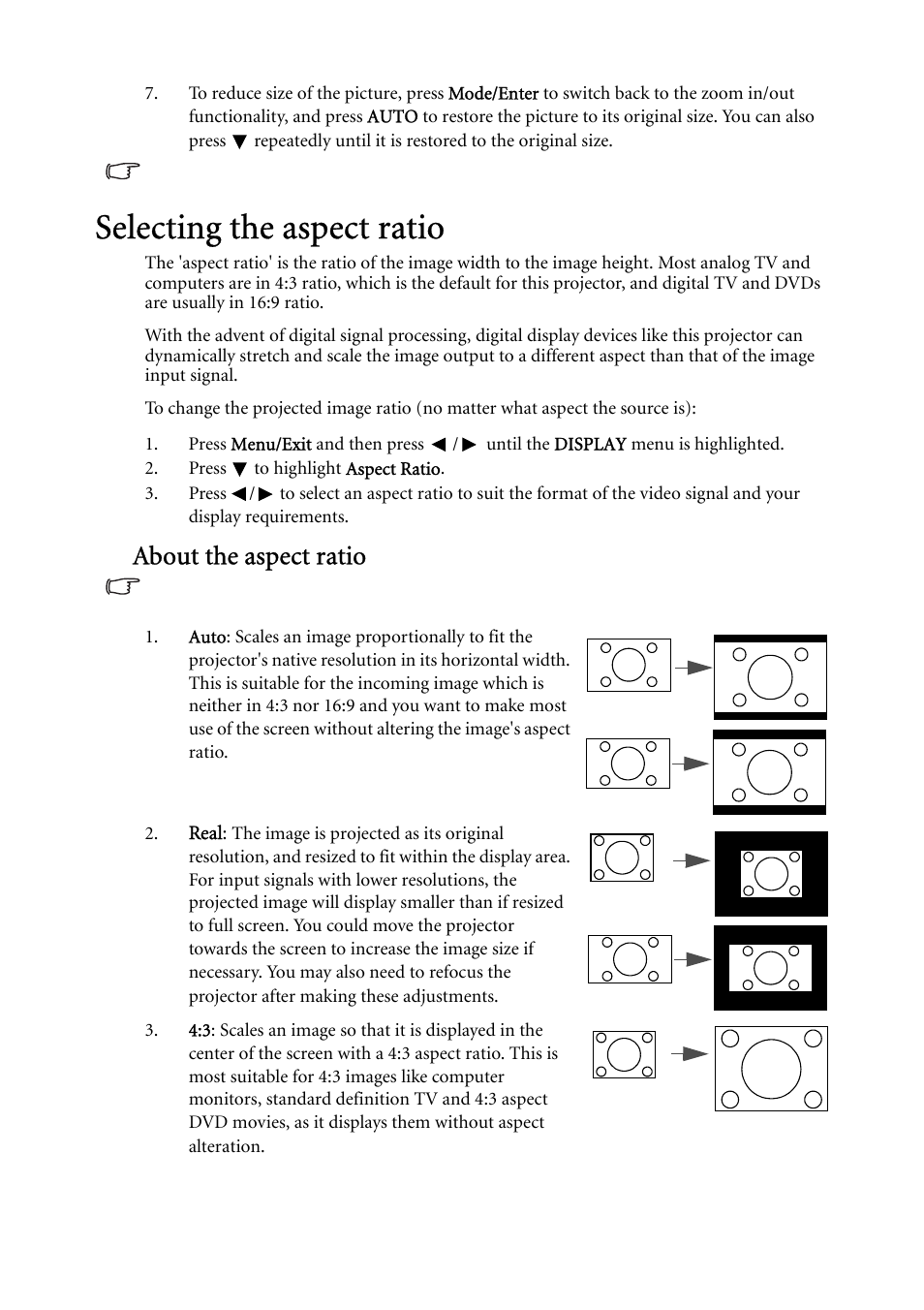 Selecting the aspect ratio, Selecting, About the aspect ratio | BenQ MP522 ST User Manual | Page 31 / 62