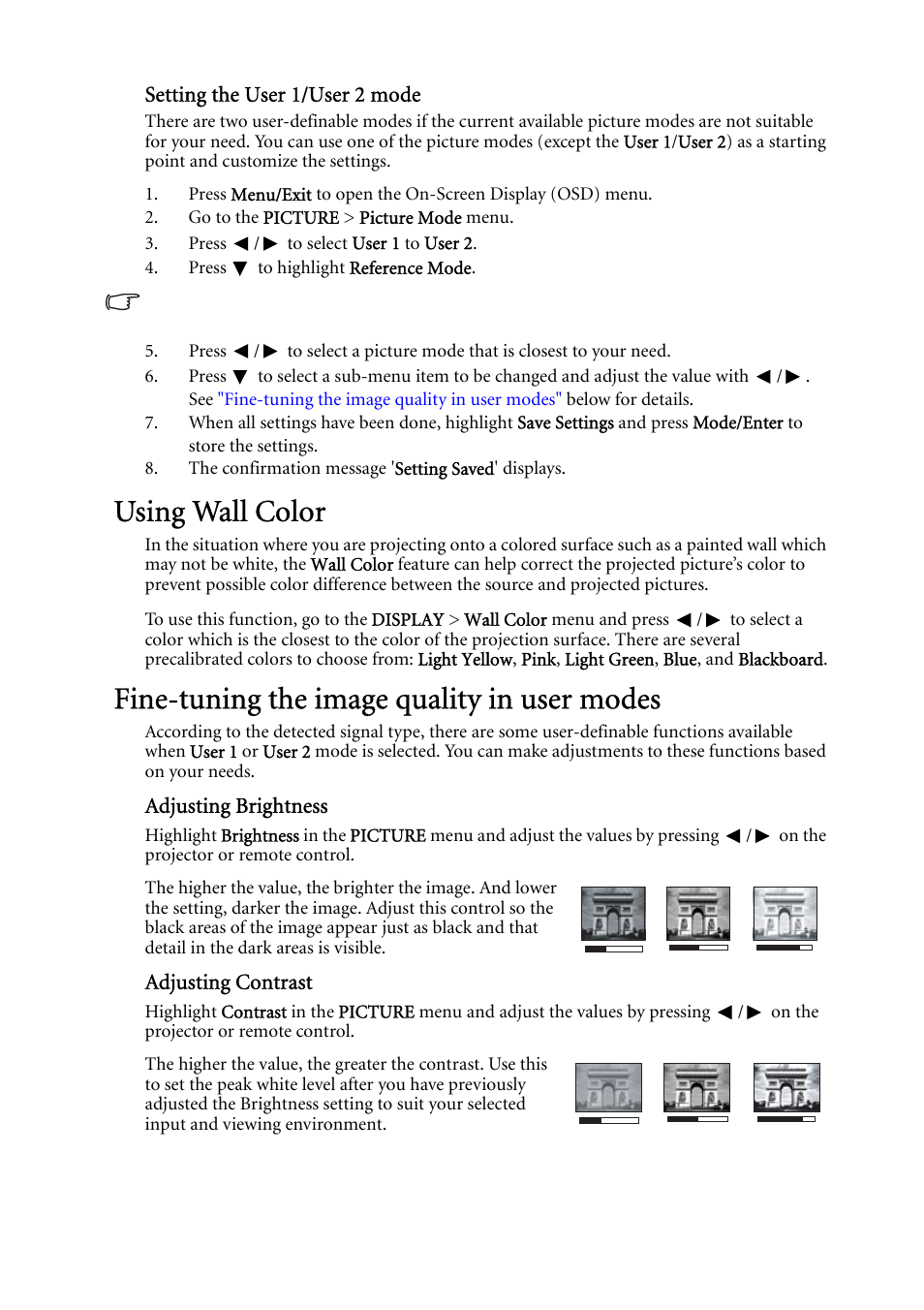 Using wall color, Fine-tuning the image quality in user modes, Setting the user 1/user 2 mode | Adjusting brightness, Adjusting contrast | BenQ MP522 ST User Manual | Page 33 / 62