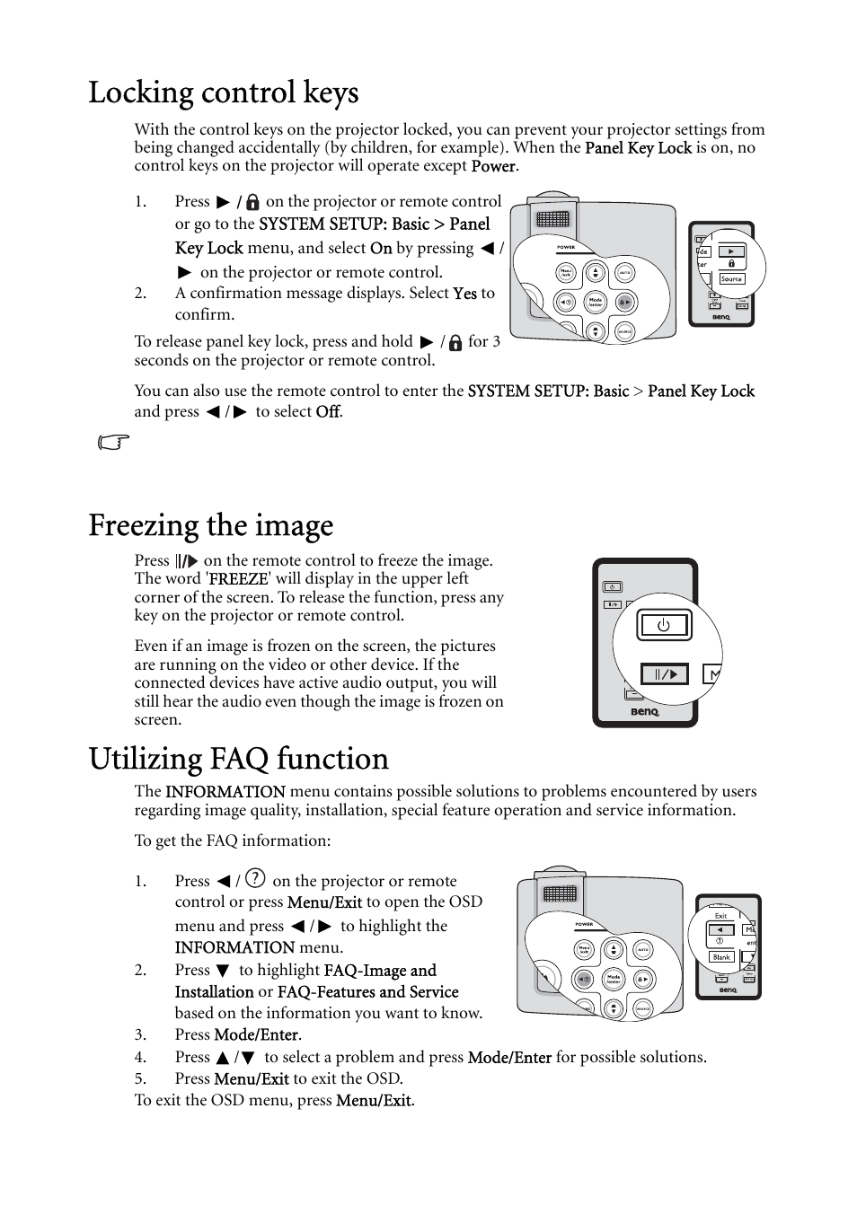 Locking control keys, Freezing the image, Utilizing faq function | Locking, Utilizing faq, For detail, Freezing, On. see, Utilizing | BenQ MP522 ST User Manual | Page 38 / 62