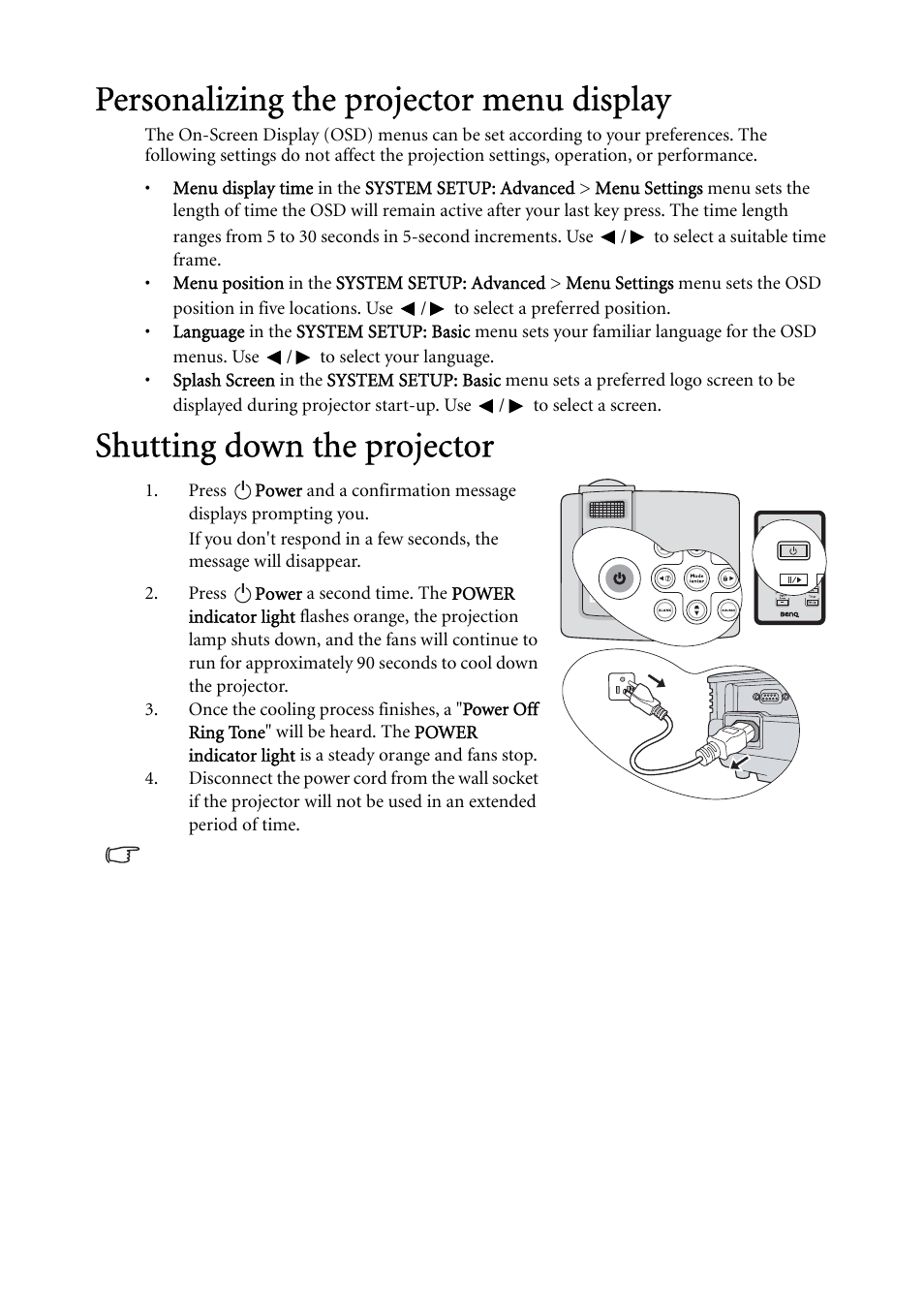 Personalizing the projector menu display, Shutting down the projector, Shutting down | BenQ MP522 ST User Manual | Page 40 / 62
