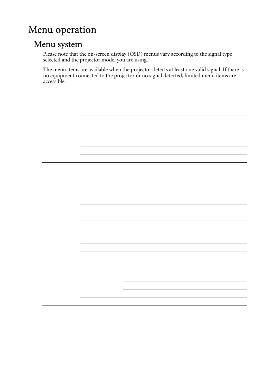 Menu operation, Menu system | BenQ MP522 ST User Manual | Page 41 / 62