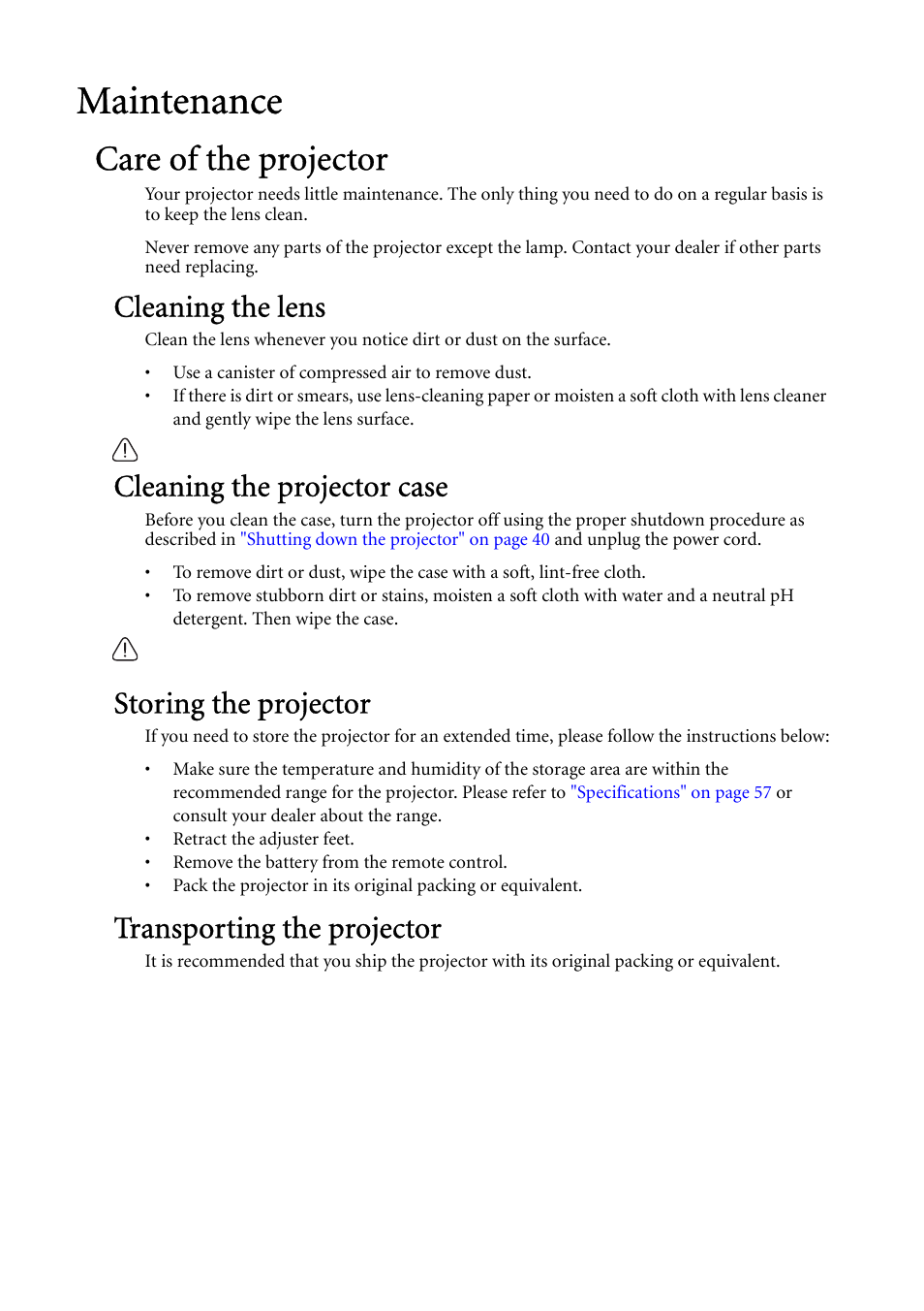 Maintenance, Care of the projector, Cleaning the lens | Cleaning the projector case, Storing the projector, Transporting the projector | BenQ MP522 ST User Manual | Page 49 / 62