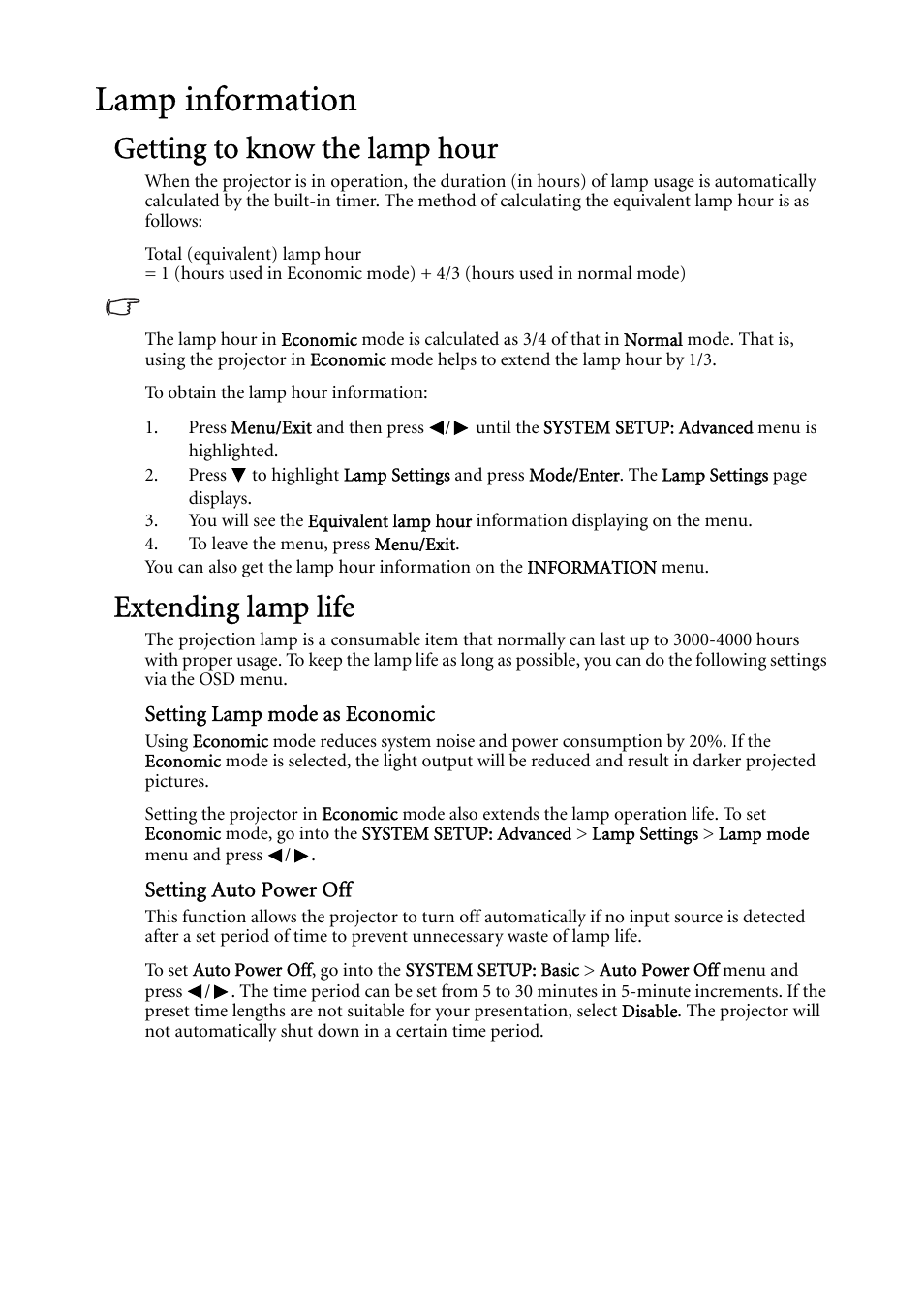 Lamp information, Getting to know the lamp hour, Extending lamp life | Setting auto power off " on | BenQ MP522 ST User Manual | Page 50 / 62