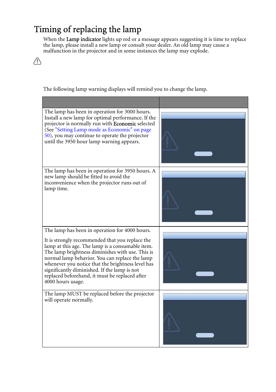 Timing of replacing the lamp, Status message | BenQ MP522 ST User Manual | Page 51 / 62
