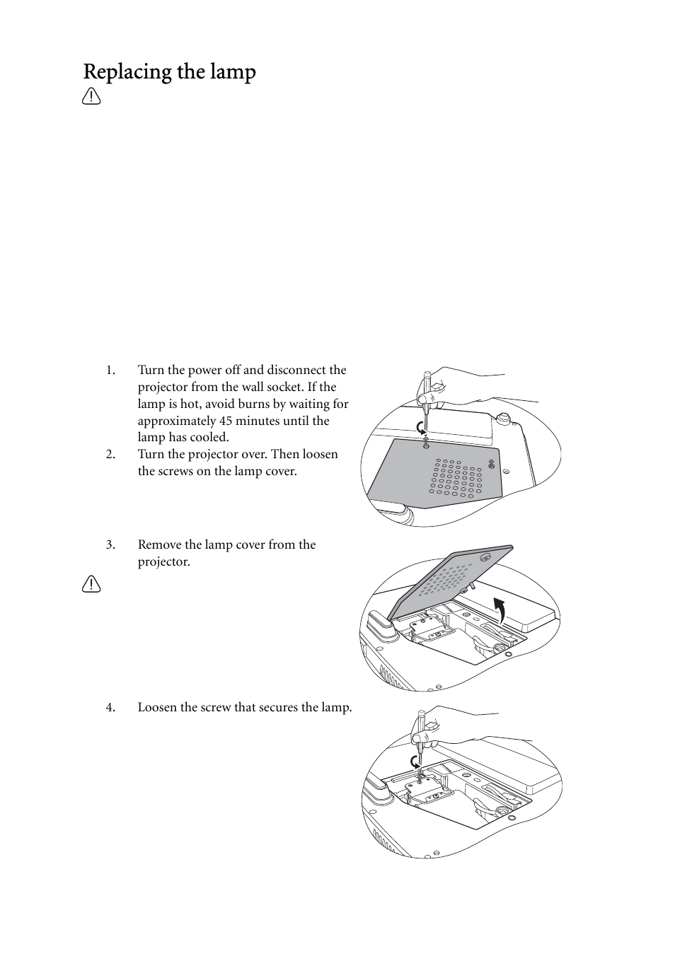 Replacing the lamp | BenQ MP522 ST User Manual | Page 52 / 62