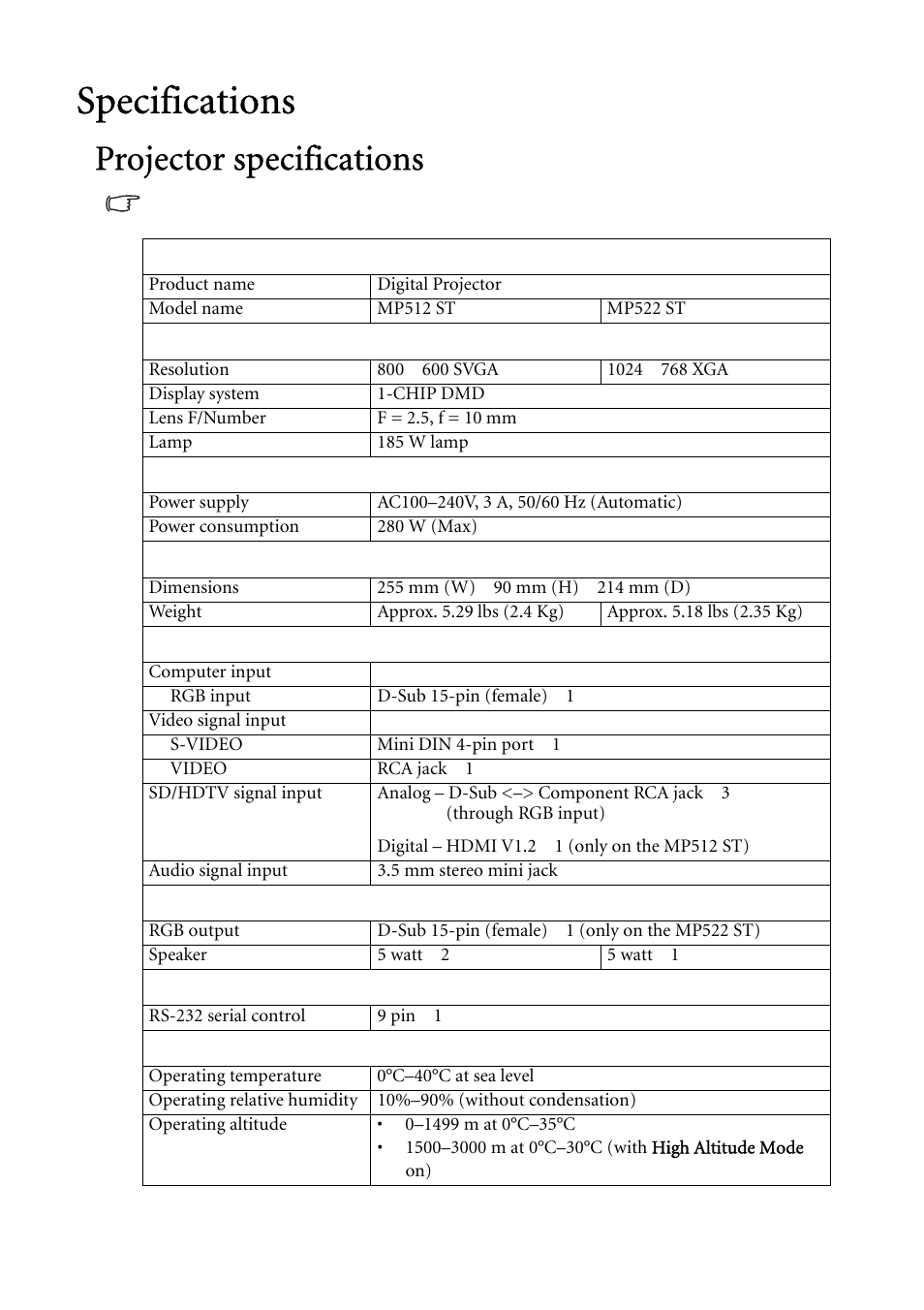 Specifications, Projector specifications | BenQ MP522 ST User Manual | Page 57 / 62