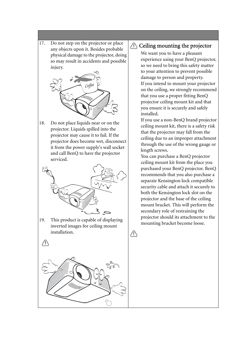 Ceiling mounting the projector | BenQ MP522 ST User Manual | Page 6 / 62