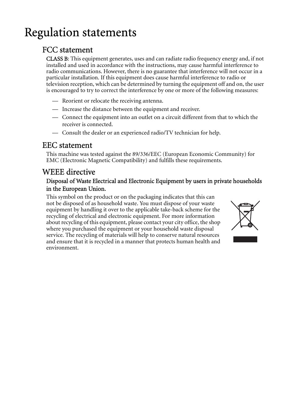 Regulation statements, Fcc statement, Eec statement | Weee directive | BenQ MP522 ST User Manual | Page 62 / 62