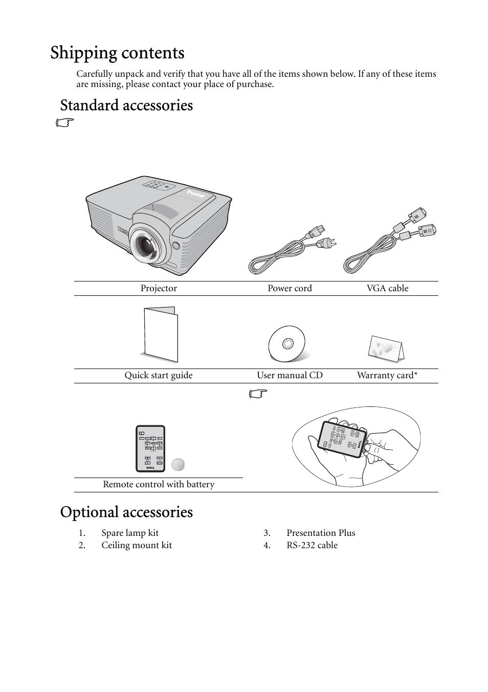 Shipping contents, Standard accessories, Optional accessories | BenQ MP522 ST User Manual | Page 8 / 62