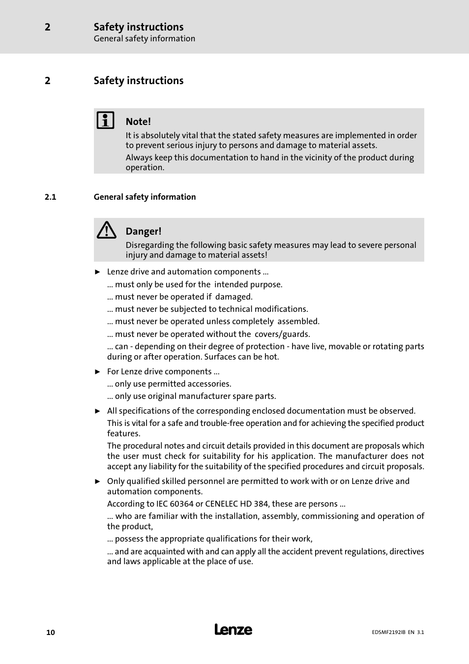 2 safety instructions, 1 general safety information, Safety instructions | General safety information | Lenze EMF2192IB User Manual | Page 10 / 64