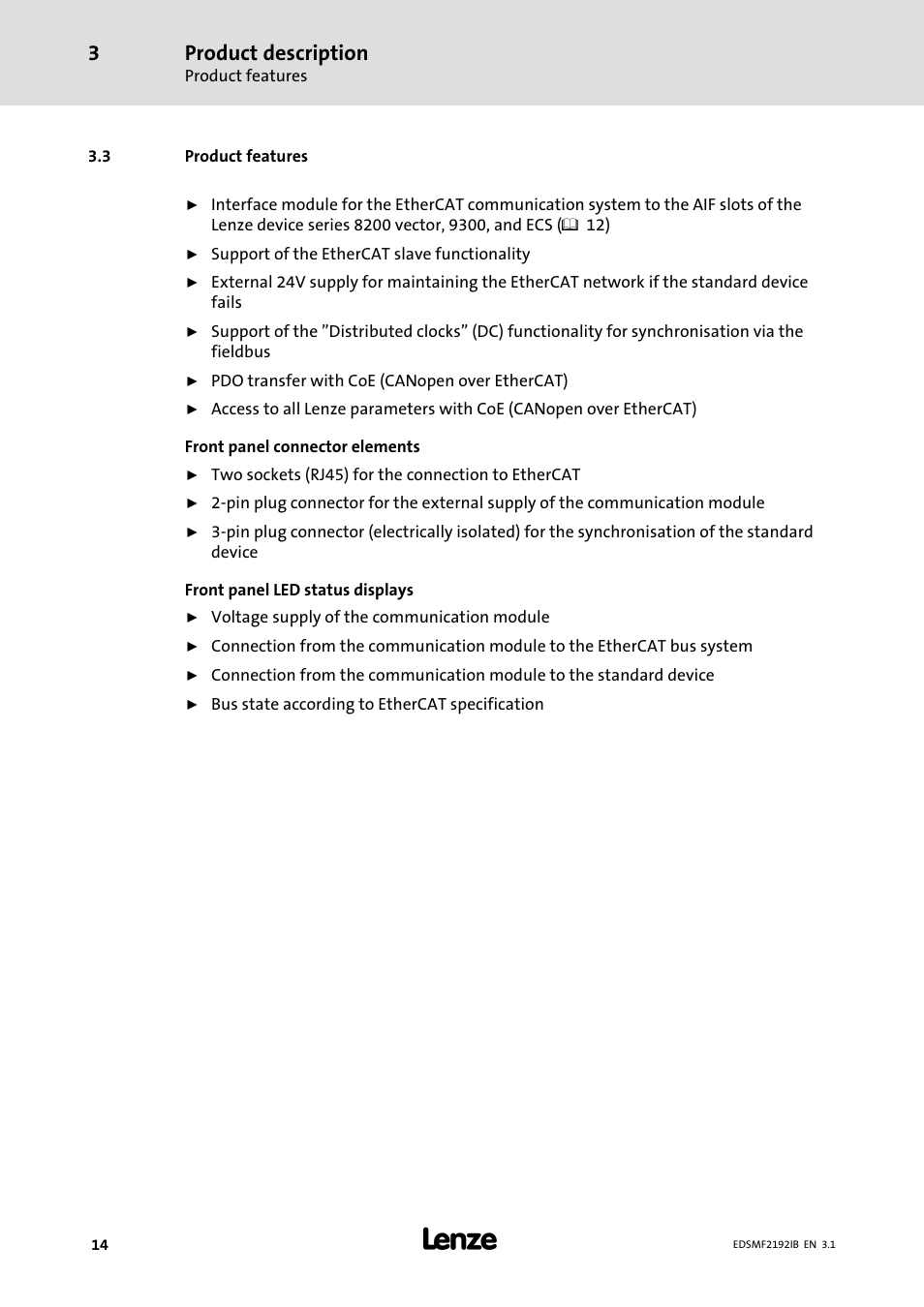 3 product features, Product features, Product description | Lenze EMF2192IB User Manual | Page 14 / 64