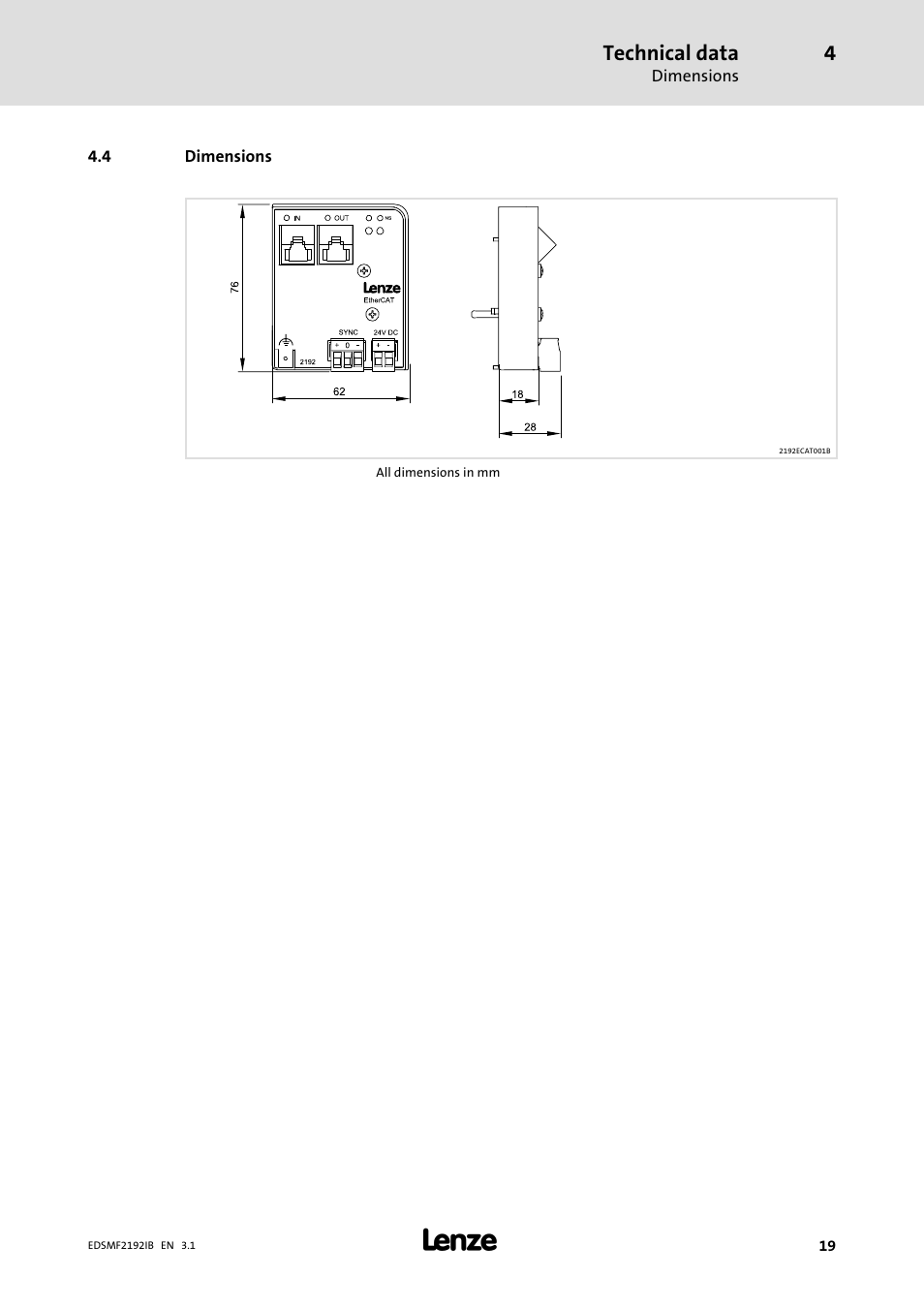 4 dimensions, Dimensions | Lenze EMF2192IB User Manual | Page 19 / 64