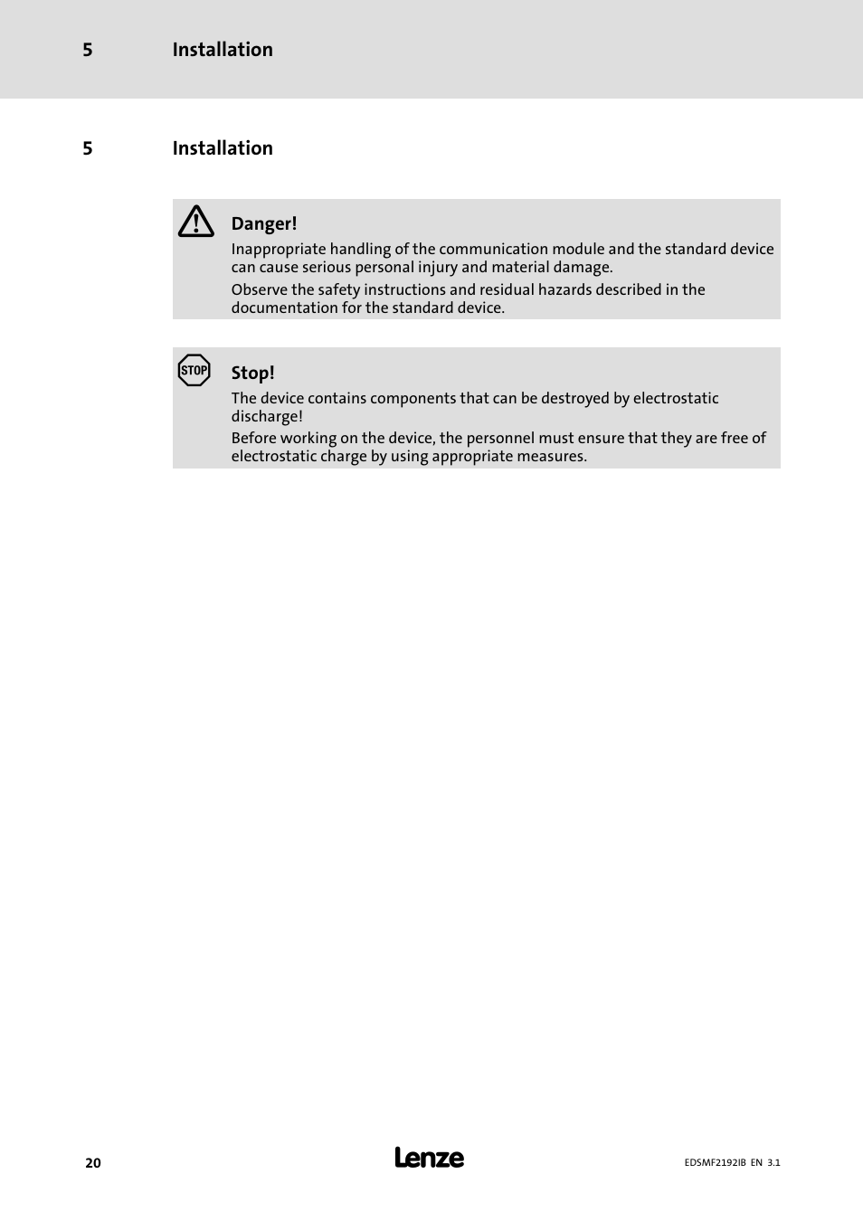 5 installation, Installation | Lenze EMF2192IB User Manual | Page 20 / 64