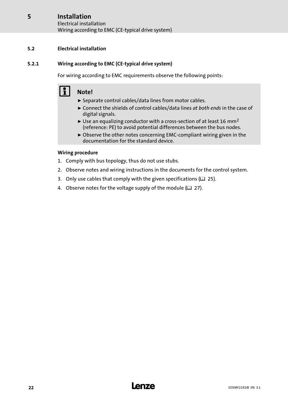 2 electrical installation, Electrical installation, Wiring according to emc (ce−typical drive system) | Installation | Lenze EMF2192IB User Manual | Page 22 / 64