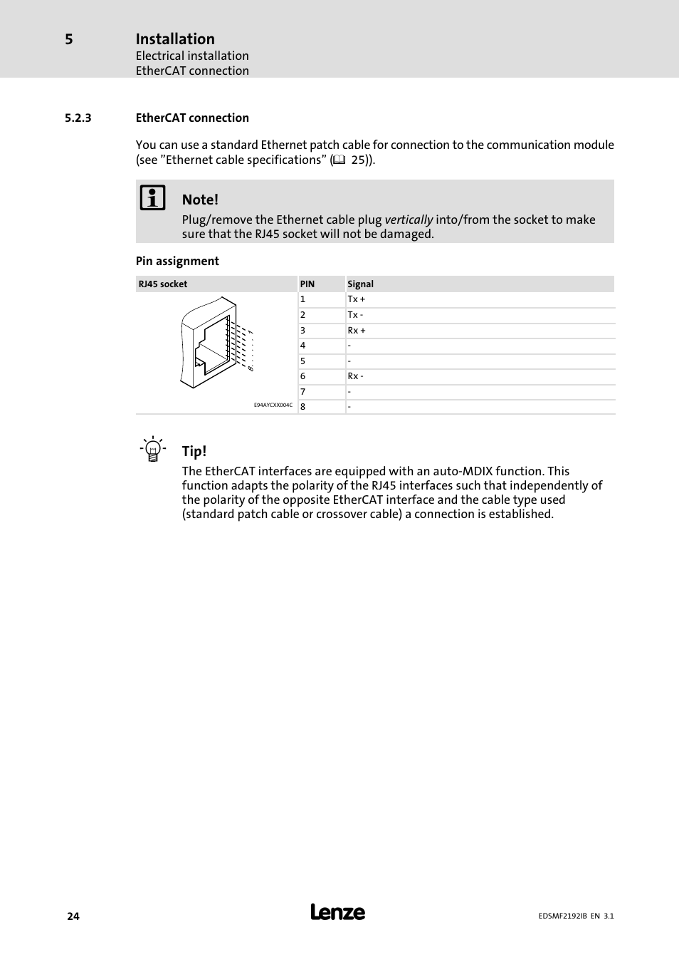 3 ethercat connection, Ethercat connection, Installation | Lenze EMF2192IB User Manual | Page 24 / 64