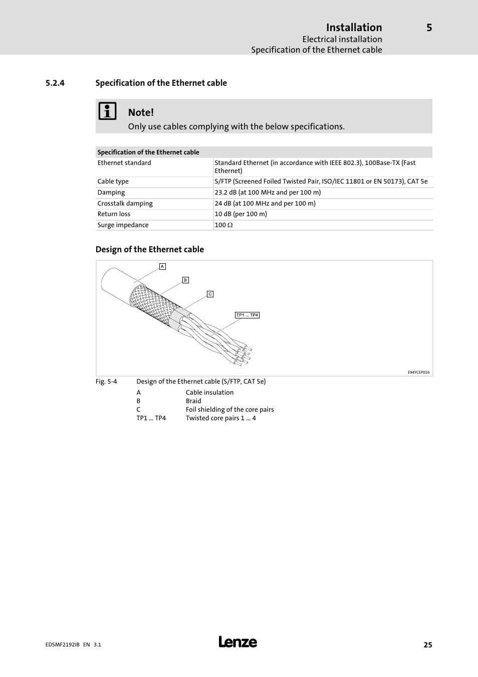 4 specification of the ethernet cable, Specification of the ethernet cable, Installation | Lenze EMF2192IB User Manual | Page 25 / 64