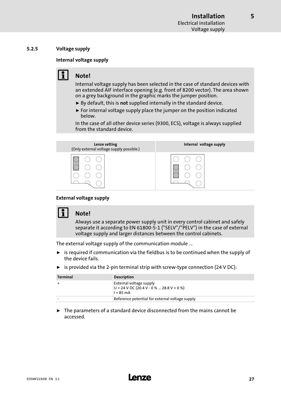 5 voltage supply, Voltage supply, Installation | Lenze EMF2192IB User Manual | Page 27 / 64