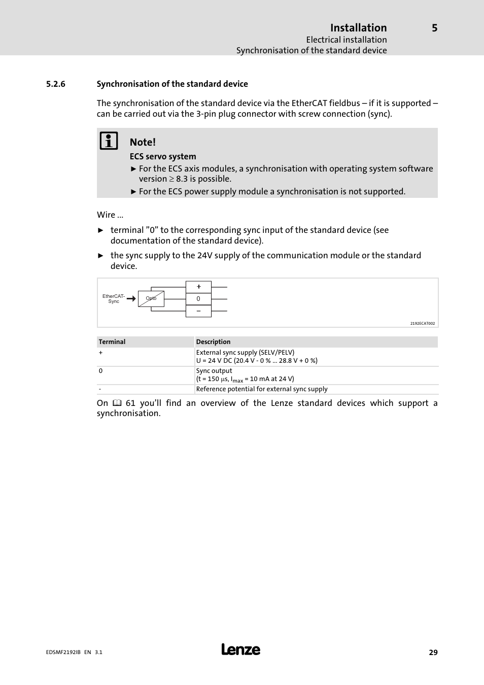 6 synchronisation of the standard device, Synchronisation of the standard device, Installation | Lenze EMF2192IB User Manual | Page 29 / 64